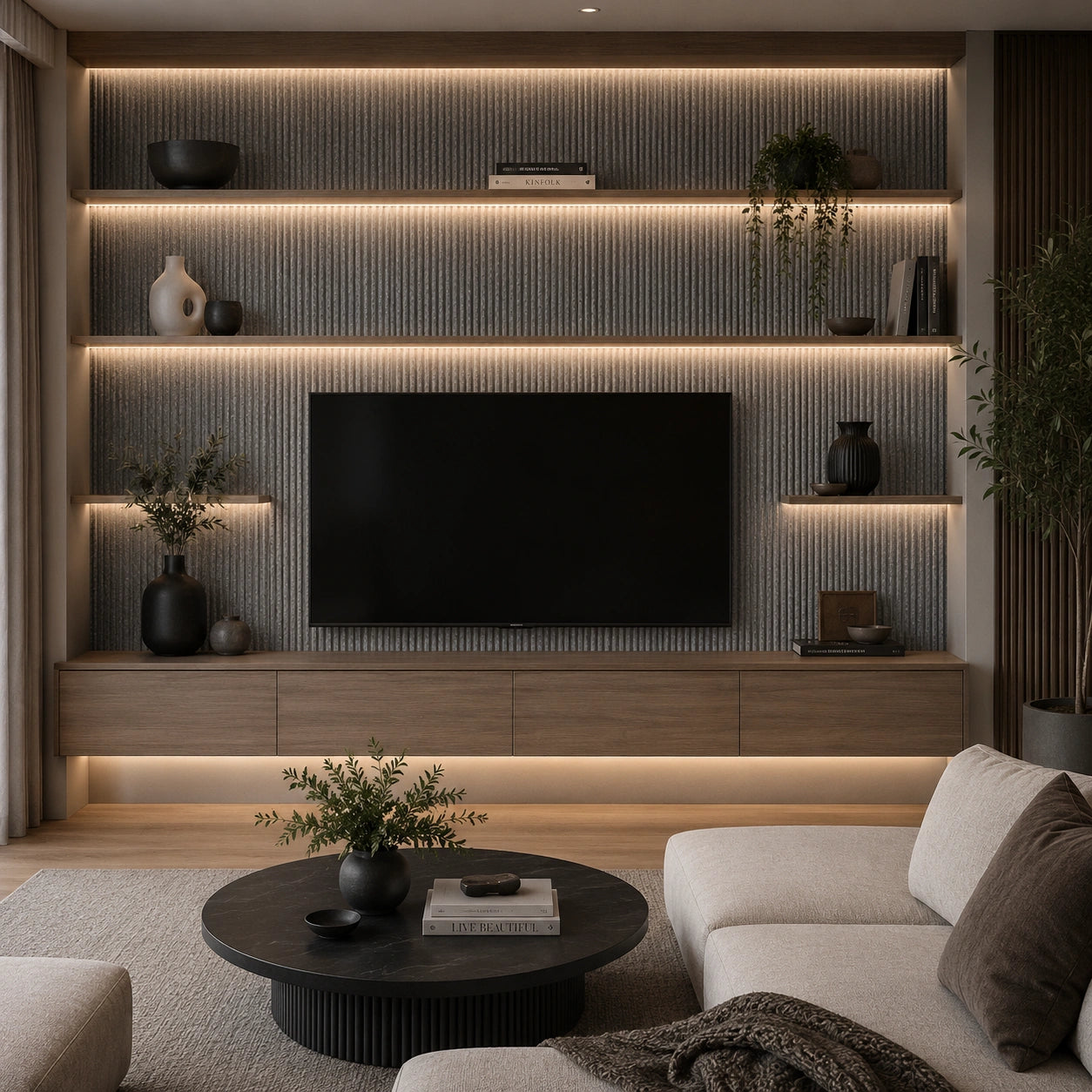 Modern living room with a television mounted on a wall with built-in lighting. off white line stone Flexistone Veneer backdrop.