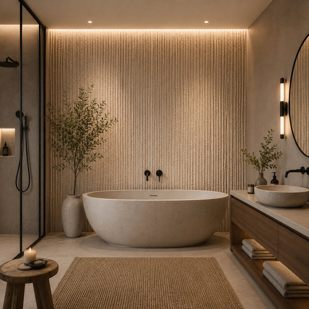 Modern bathroom with a freestanding bathtub, wooden vanity, and decorative elements with a off white line stone Flexistone Veneer backdrop.