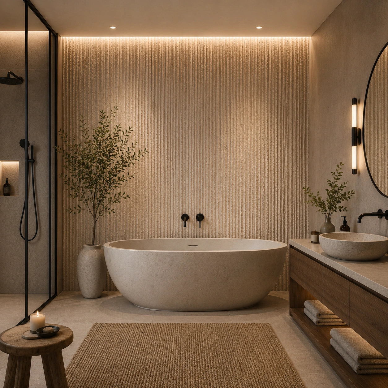 Modern bathroom with a freestanding bathtub, wooden vanity, and decorative elements with a off white line stone Flexistone Veneer backdrop.