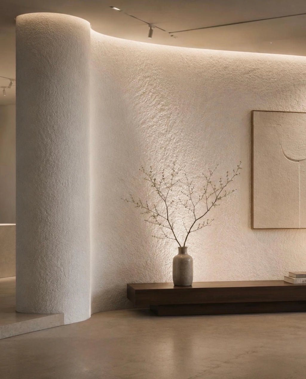 flexistone off white rough granite wall with a wooden shelf and decorative vase in a modern interior setting.