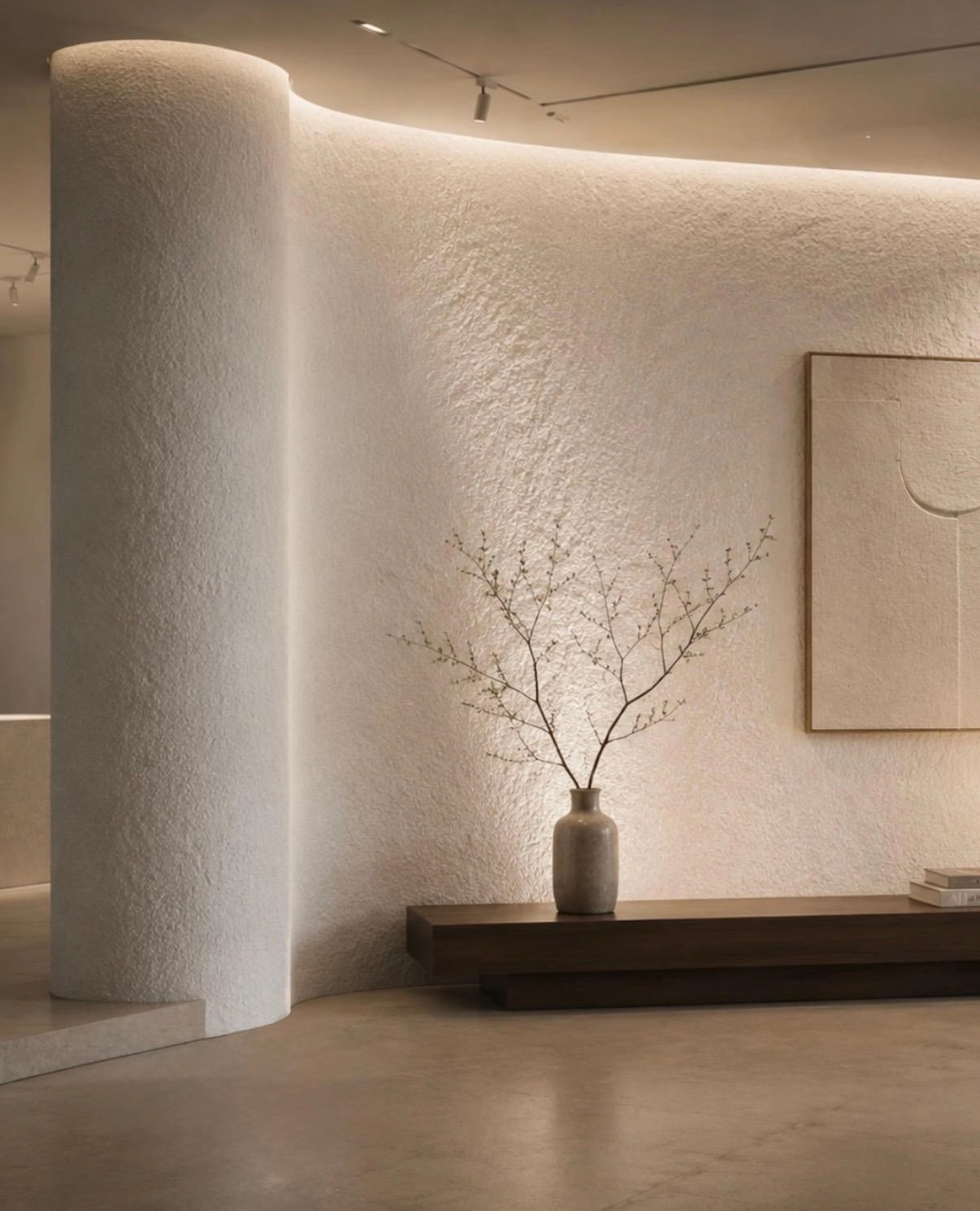flexistone off white rough granite wall with a wooden shelf and decorative vase in a modern interior setting.