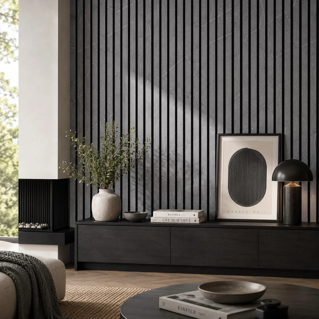 nw composite stone grey acoustic wall panel on wall in living room